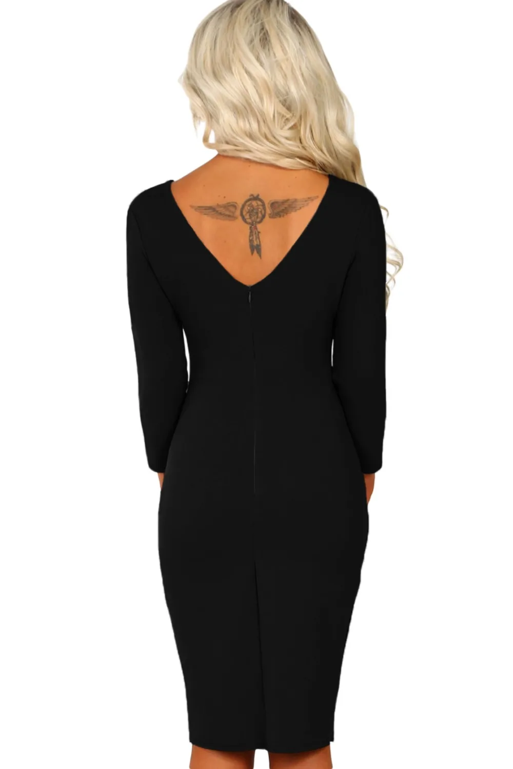 Black-3-4-Sleeve-Cross-Over-Bodycon-Midi-Dress-LC610407-2-2