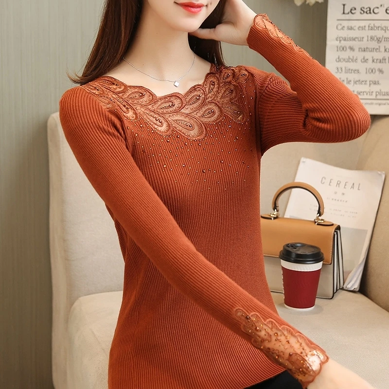 2019 Spring ladies Knitted shirt long-sleeved Women Sweater Korean Style Slim Sexy Patchwork embroidery lace Pullovers Sweater