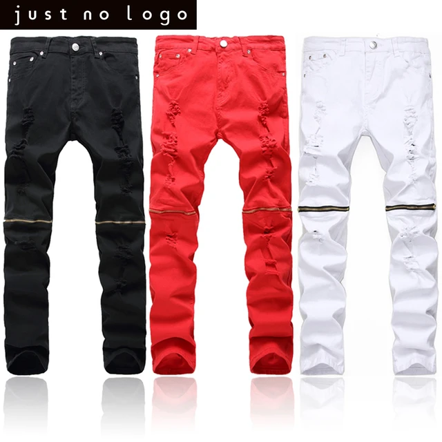 Red White Black Men Biker Knees Zipper Denim Ripped Jeans Slim Fit
