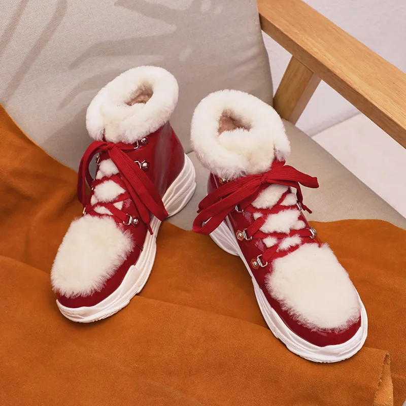 FUN VILLE/Новые модные зимние теплые шерстяные ботинки, женские ботильоны из натуральной кожи, ботинки на толстой платформе, обувь на плоской подошве, Женская пикантная обувь