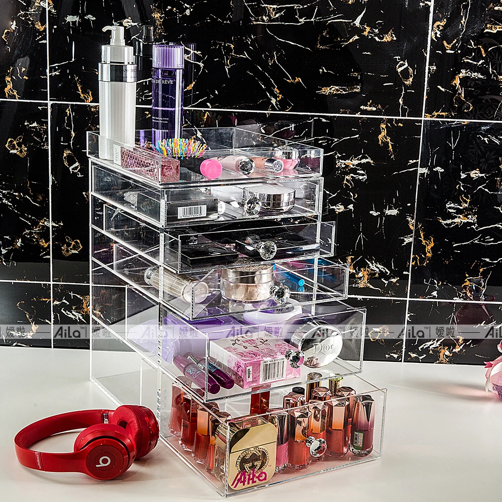 

Aila Clear Acrylic Makeup Organizer Cube High Quality Transparent 5 Drawers Storage Box For Vanity Tables