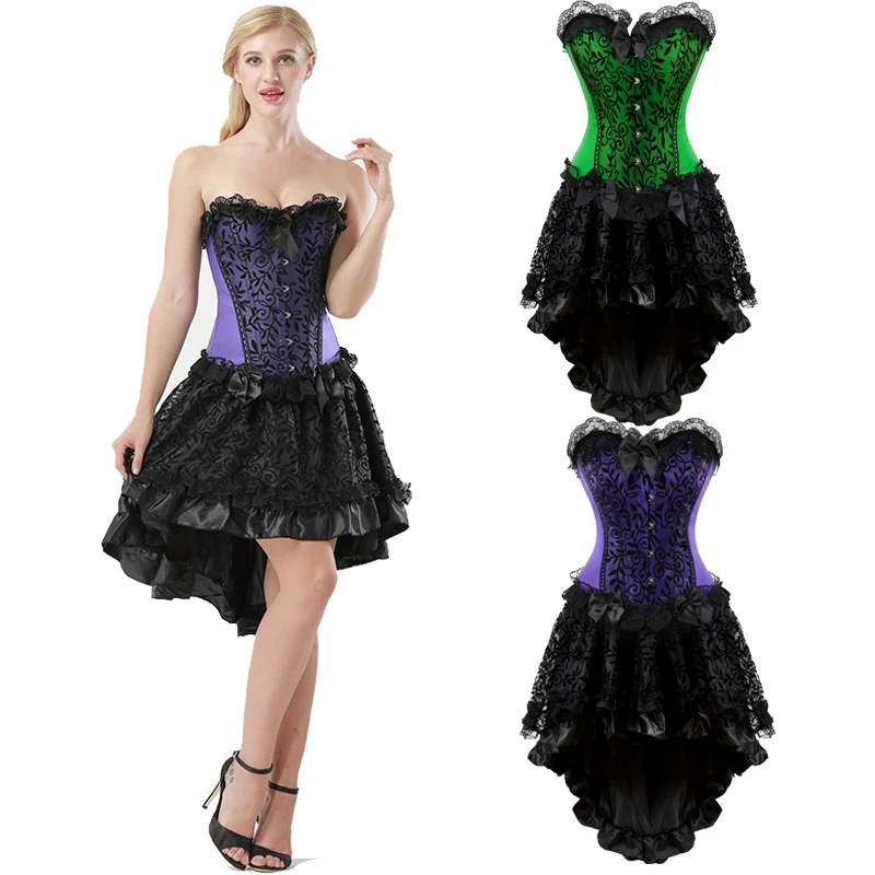 

Women Gothic Overbust Waist Trainer Corset High Ball New Dress Vamp Black Steampunk Vintage Lace Satin Skirt Plus Size S-6XL
