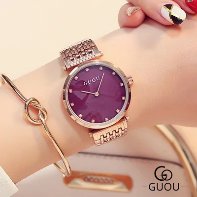 

GUOU Brand Fashion Women wristwatch Luxury Quartz Watch crystal Rhinestone Rose Ladies stainless steel Watches relogio feminino