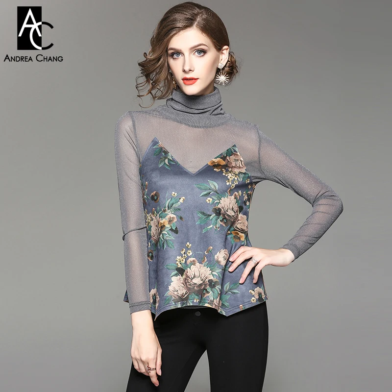 Primavera otoño mujer blusa camisa de gasa transparente tela de gamuza  patchwork blusa gris azul Rosa Flor de impresión de cuello alto blusa|autumn  women blouses|turtleneck blousewomen blouses - AliExpress