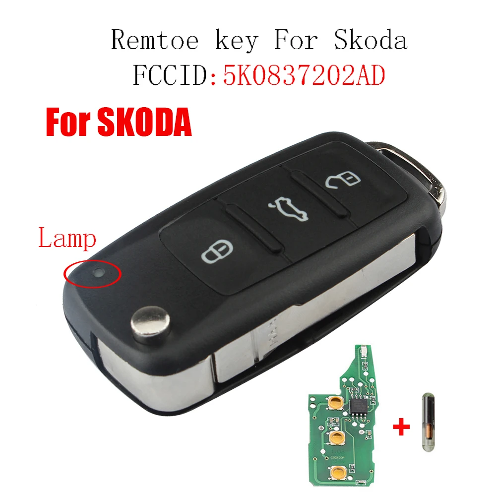 3 кнопки дистанционного ключа автомобиля для Skoda Fabia Superb Roomster 2002-2011 для Skoda 5K0 837 202 AD 202AD транспондер ID48 чип