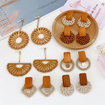 YAOLOGE 2019 Vintage Rattan Wooden Drop Earrings Handmade Geometric Bamboo Round Party Statement For Women Bar Jewelry Wholesale