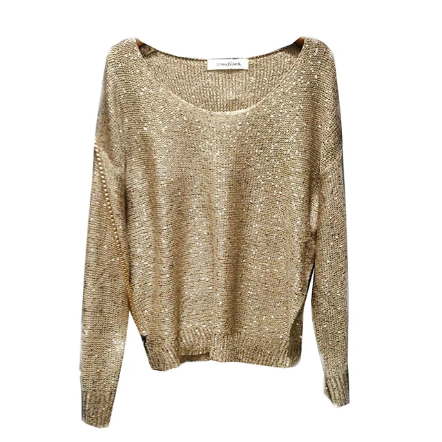 Hot gold lurex Knit Tops Women Sequined Sweaters Long Sleeve Big O neck