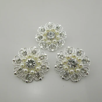 

(BT102 32mm)50 X Clear Ivory Pearl Rhinestone Cluster Button With Shank