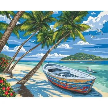 

DIY Sea Coconut Boat Tree Oil Painting By Numbers 3D Pictures Linen Canvas Painting For Living Room Wall Art Home Decor