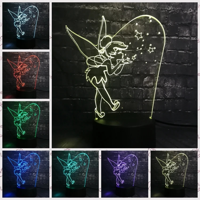 3D LED Lava lamparas led infantil Tinker Bell estrella Base USB CAMBIO DE 7 colores de luz de la noche de decoración de Navidad chica chico regalo de RC