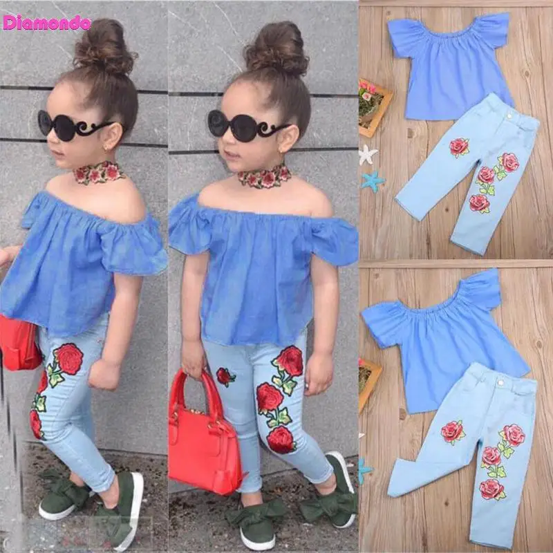 

2pcs Girls Clothes Set Children Clothing Set Summer Infant Costume Floral Denim PantsOff Shoulder Tops Child Kids Clothing Sets