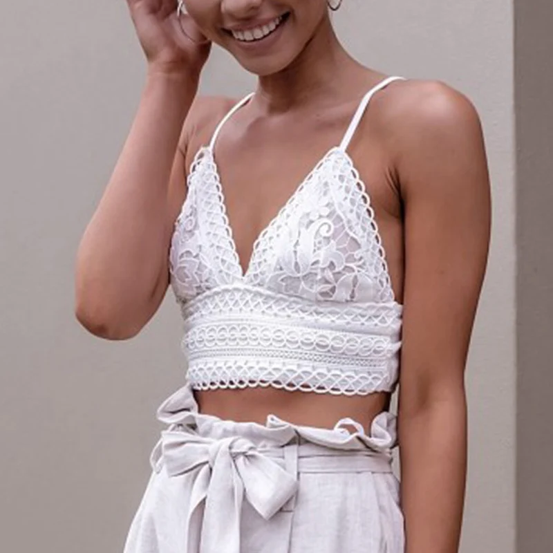 

Women Sexy Short Vest V Neck Plain Lace Strap Crop Top Crochet Summer Beach Tank Tops TS95