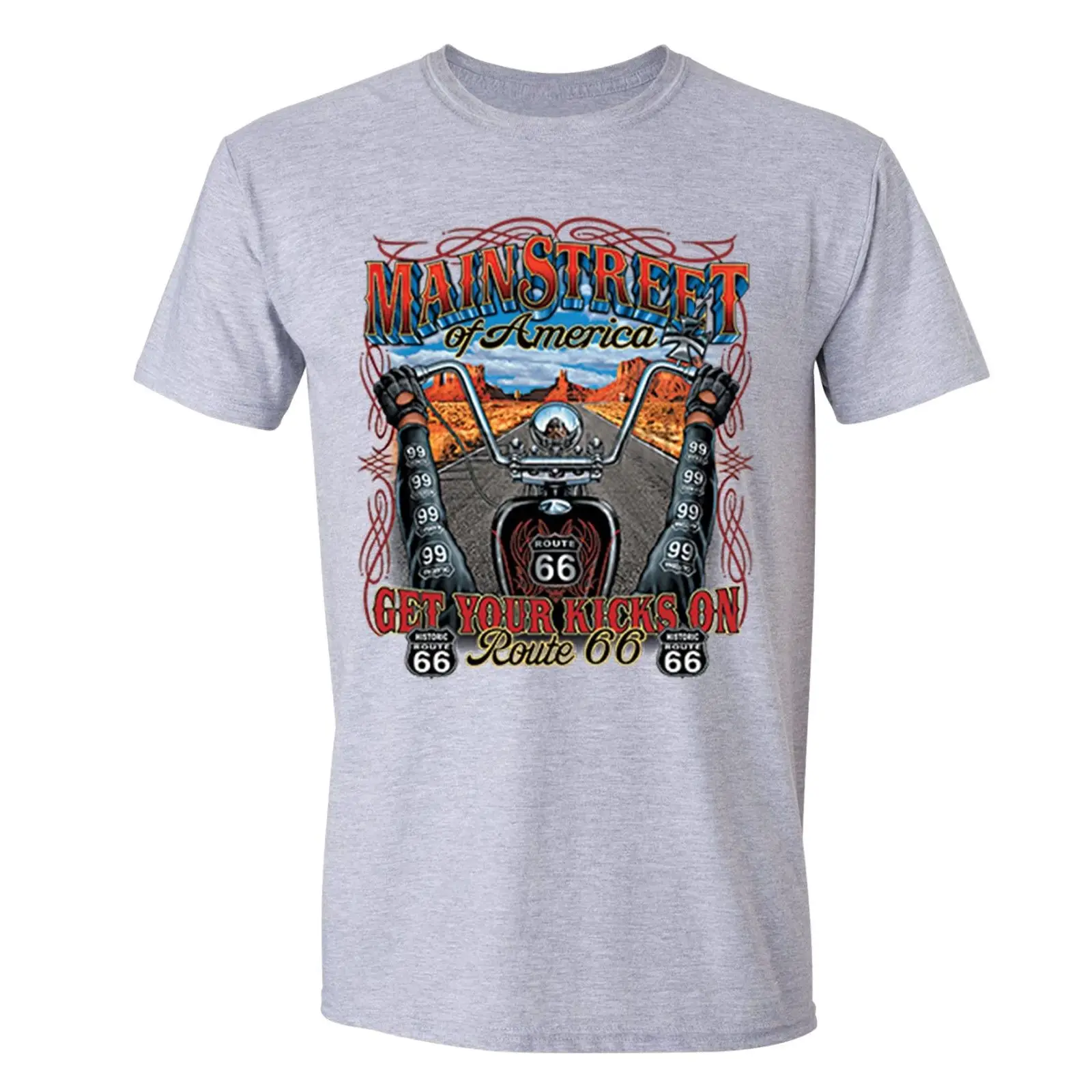 Мужская футболка с надписью Main Street Kicks on Route 66 для езды на мотоцикле и гараже