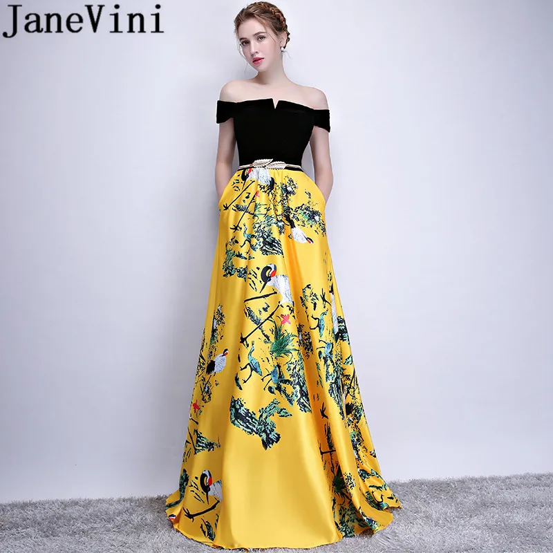 JaneVini Chinese Style Yellow Evening Dresses Long Floral Satin Formal Party Gowns Gold Sash Off Shoulder Pocket Dress Jurk Lang