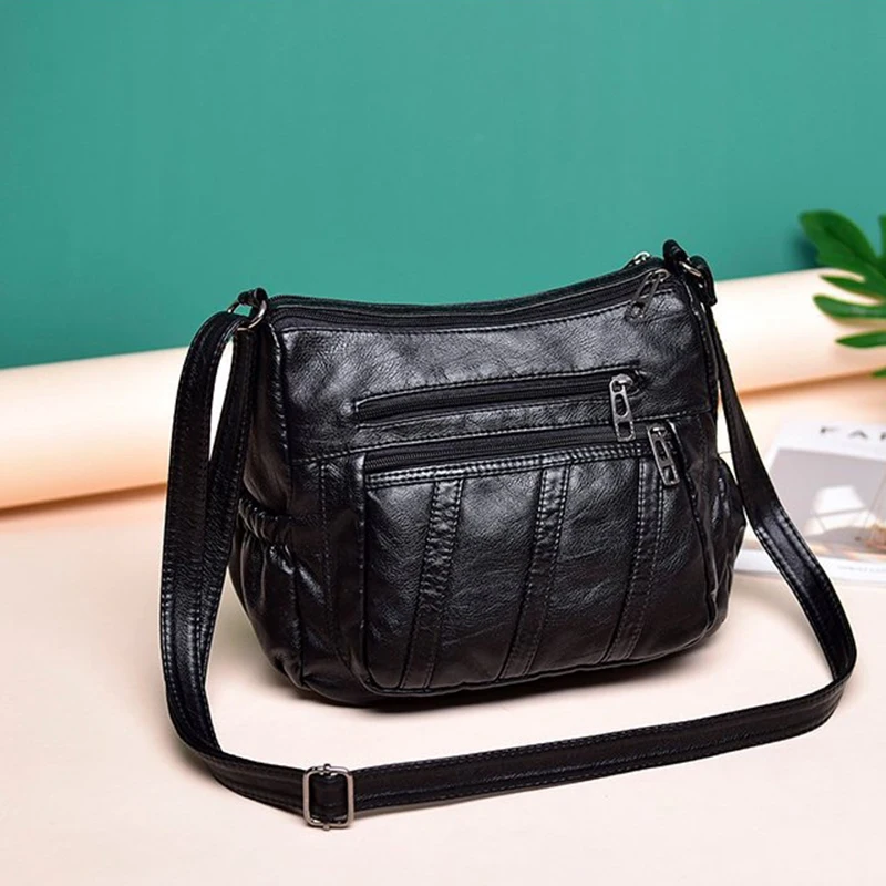 

BEAU-Fashion Women Crossbody Bag Black Soft Washed Leather Shoulder Bag Patchwork Messenger Bag Small Flap Bag For Girls Black