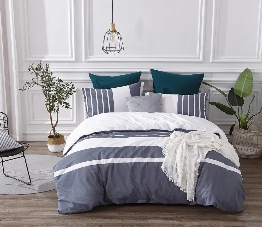 

PHF Cotton Yarn Dyed Duvet Cover Set Navy White Stripe Lightweight Breathable Soft Bedding for Spring Summer King Queen Size