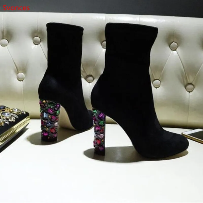 Pointed Otoño Botas Tacón Lujo Primavera As On Cuadrado Diseño Picture Colorido Cristal Mujeres Femeninos Kid Zapatos Botines Toe Slip Suede wF4q0qp6