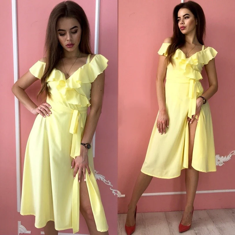 Summer Dress 2018 Vintage Sexy Ruffles sleeve Bohemian Tunic Beach Knee-Length Spaghetti Strap Backless Women | Женская одежда