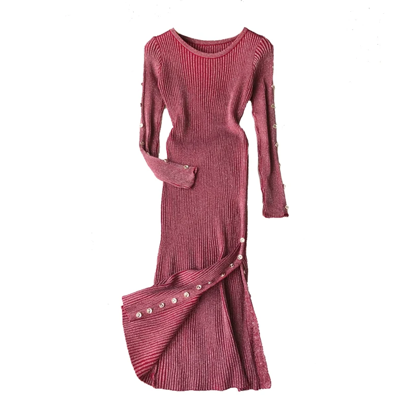 

Womens Split Dresses Button Autumn Spring Bodycon O-neck Ladies Sexy Party Dresses Female Stretch A-line Vestidos Black LS083