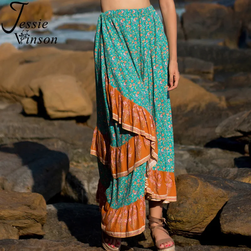

Jessie Vinson Floral Printed Ruffles Long Skirt for Women Boho Bohemian Blue Long Maxi Skirt for Summer Beach Holiday Casual