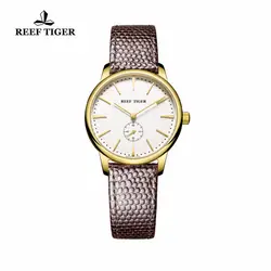 Риф Тигр/RT желтого золота ультра тонкие часы для Для женщин кожаный ремешок Водонепроницаемый Повседневное кварцевые часы Пара relogio masculino