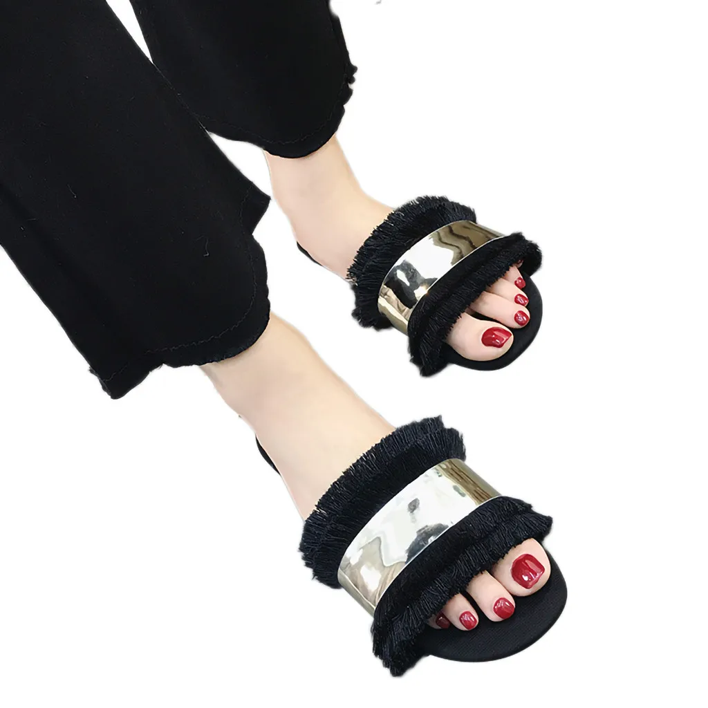 SAGACE; модная популярная Летняя женская обувь на плоской подошве; сандалии без застежки с бахромой; женская обувь; пляжные однотонные уличные тапочки с круглым носком