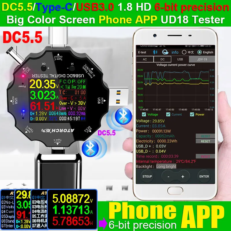 Цифровой USB тестер DC5.5 3 0 Type C 18 в 1 Вольтметр постоянного тока Амперметр для