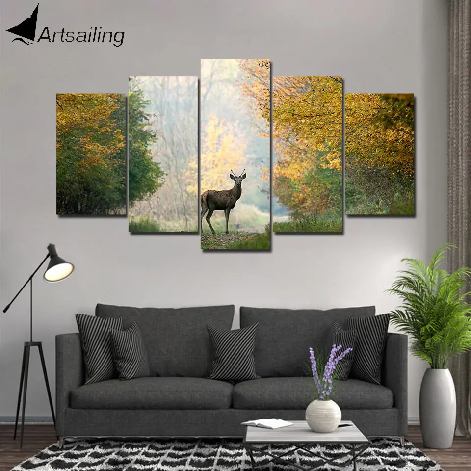 ArtSailing 5 panel wall art on canvas Paint Deer in remove Forest