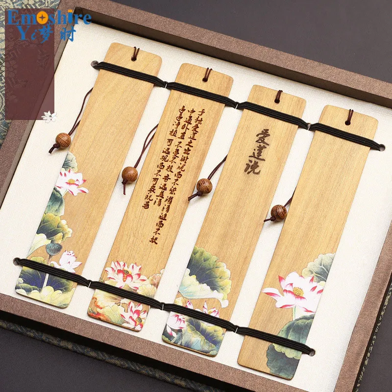 

New 4 pc/set Wooden Bookmark Gift Set Graduation Gift Retro Chinese Style Creative Business Redwood Bookmark Custom logo M012