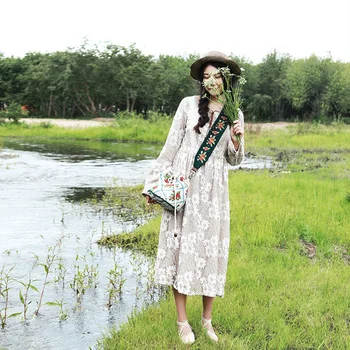 

MX232 New Arrival Autumn 2017 vintage long sleeve midi embroidered lace dress