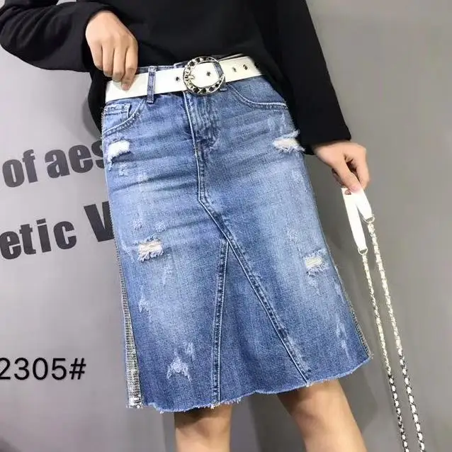 

summer denim skirt high waist Slim knee-length jeans skirt women plus size 2XL