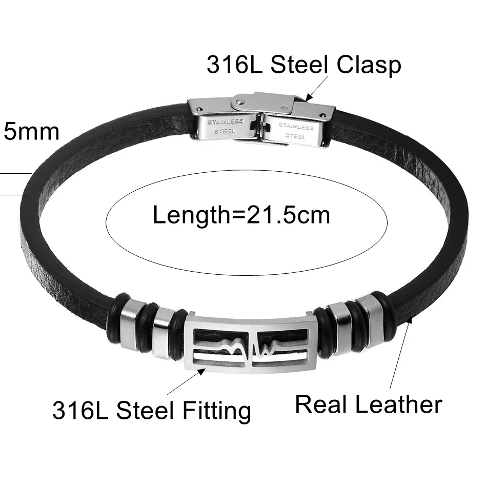 Романтические ювелирные изделия влюбленных подарок ЭКГ дизайн браслет из кожи и нержавеющей стали для женщин мужчин тонкие браслеты манжеты