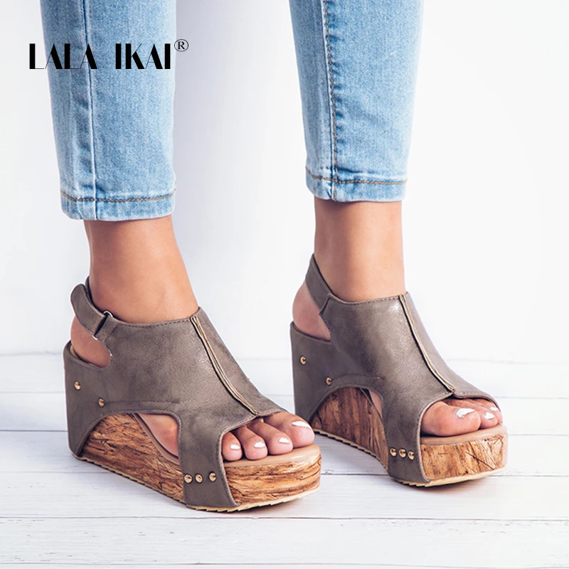 LALA IKAI/женские босоножки на танкетке в римском стиле Однотонные из искусственной