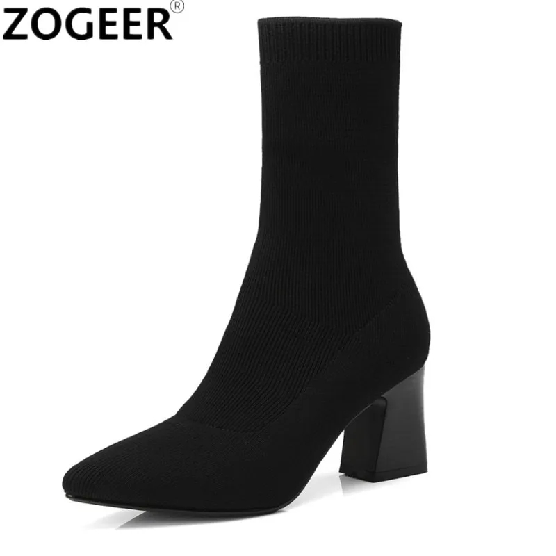 

Fashion Elastic Sock Ankle Boots Women Genuine Leather High Heels Stretch Autumn Sexy Black Ladies Boot Pointed Toe Women Shoes