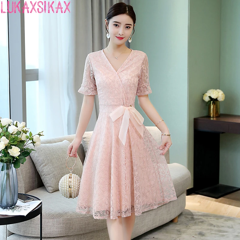 

LUKAXSIKAX FASHION 2018 New Women Summer Dress Korean Sexy V-Neck Bow Belt Slim Lace Dress Elegant Evening Party Dresses