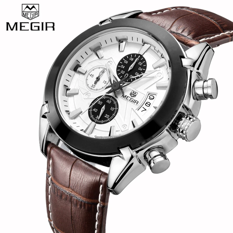 

MEGIR Luxury Brand Military Watches Men Quartz Chronograph 6 Hands Leather Clock Man Sports Army Wrist Watch Relogios Masculino