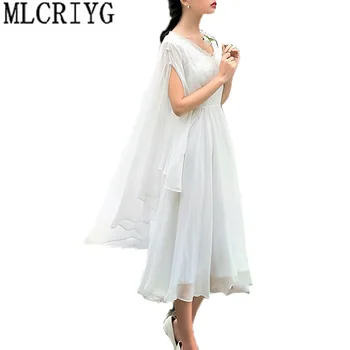 

New 2019 Women Spring Summer Dress Elegant V-Neck Long Vintage Dresses Female Cloak Split Sleeves Princess Dress Vestidos LX26