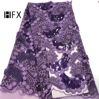 

Newest purple 3d flowers sequin lace fabric african french net lace tulle fabric high quality evening dresses 5yard/lot H1699