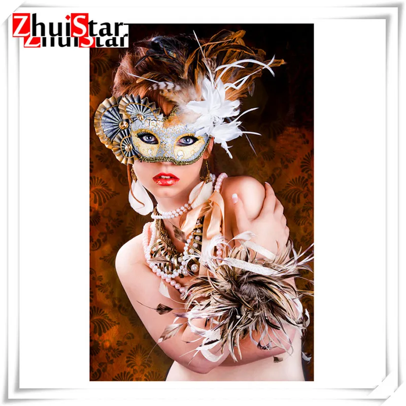 5D Diamond Painting Cross Stitch mask woman Diamond Embroidery Girls beauty Mosaic Feather Red lips Full square Drill Home Decor