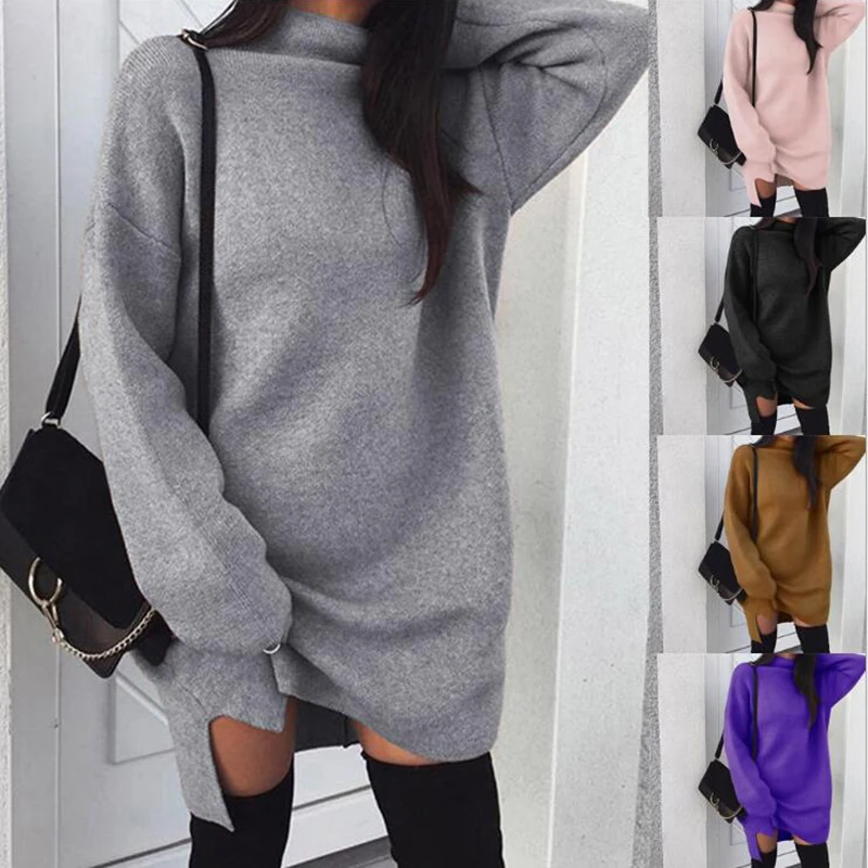 

Paris Girl Winter Long Sleeve Women Sweater Dress Fashion Turtleneck Knitted Dresses Casual Plus Size Mini Dress