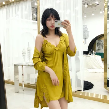 

Women Sexy Lace Silk Robe & Gown Set Pajamas Set Sleep Dress Bathrobe 2 Piece Robe Bridesmaid Wedding Sleepwear