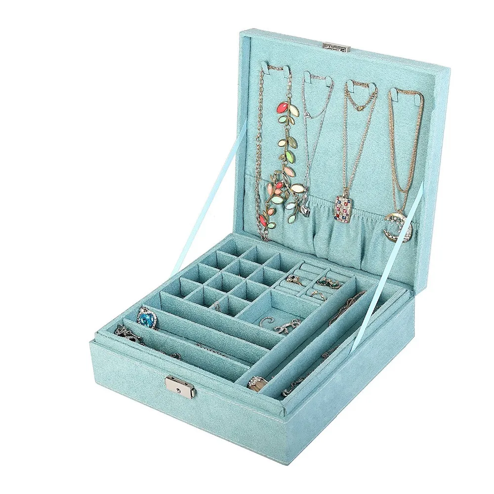 

Blue two-layer lint jewelry box organizer display storage case with lock