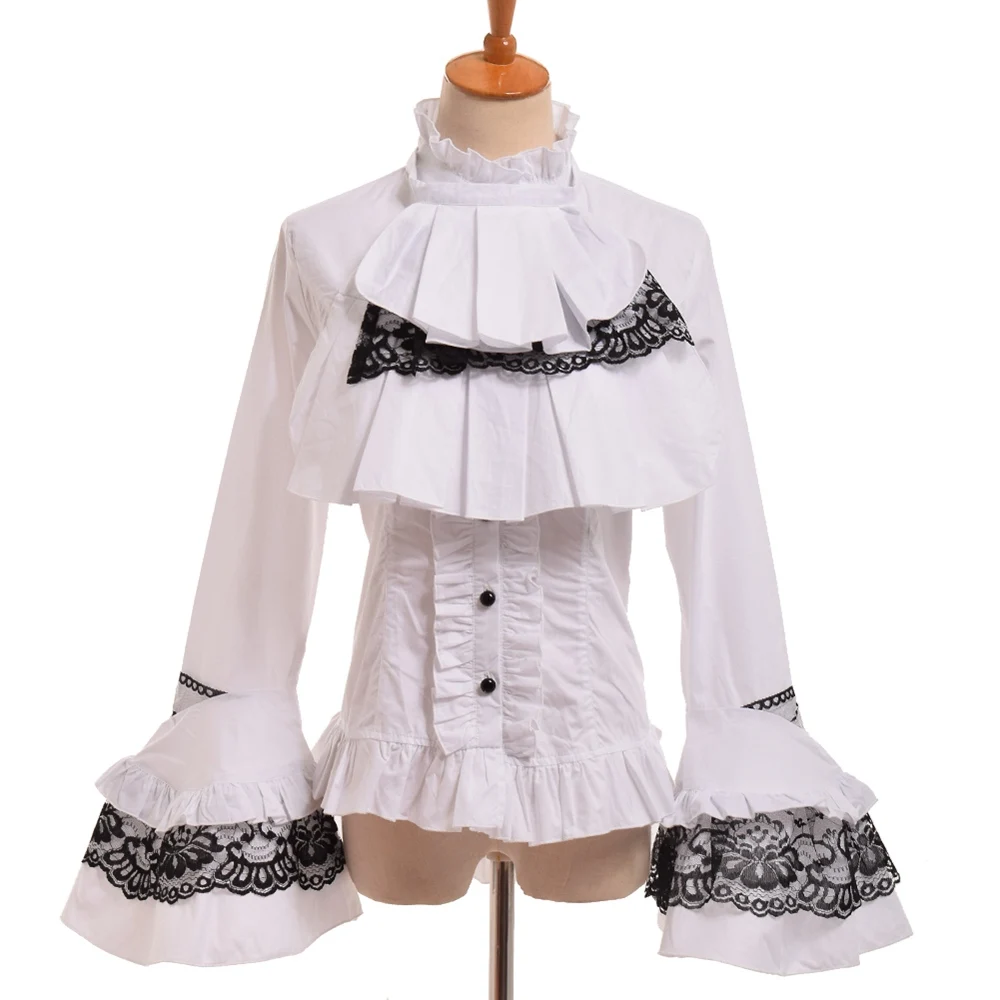 

Black Gothic Blouse Women Vintage Steampunk Elegant Princess Empire Royal Waist Lace Up Lolita Jabot Shirt Tops