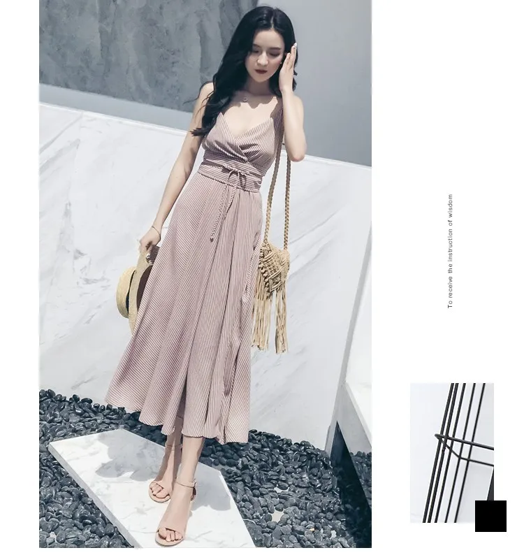 

2019 summer fashion striped sexy women's suspenders halter dress ruched bandage dress boho chic dress U0035