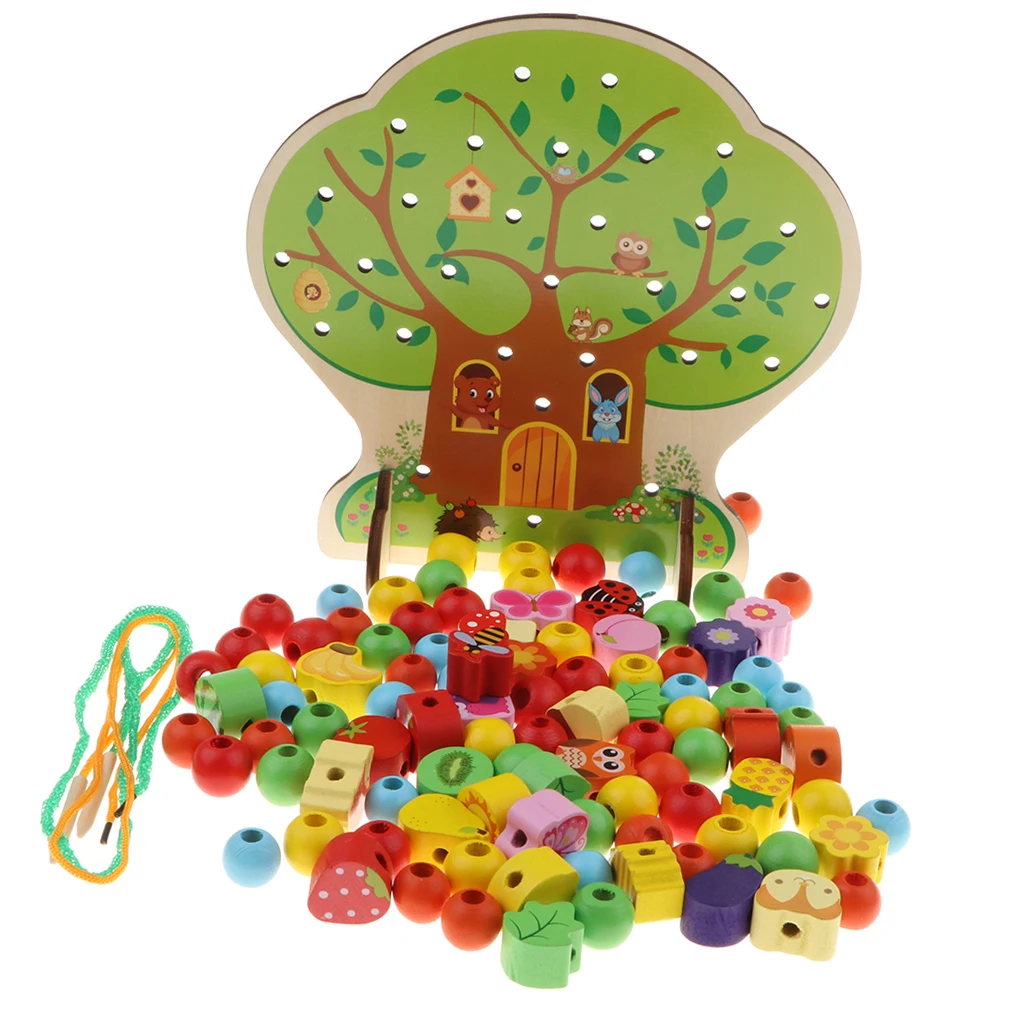 Baby Toddler Wooden Threading Beads Math Toys Lacing Shapes Activity Cognition Toys, Wooden Educational Toy for Kids