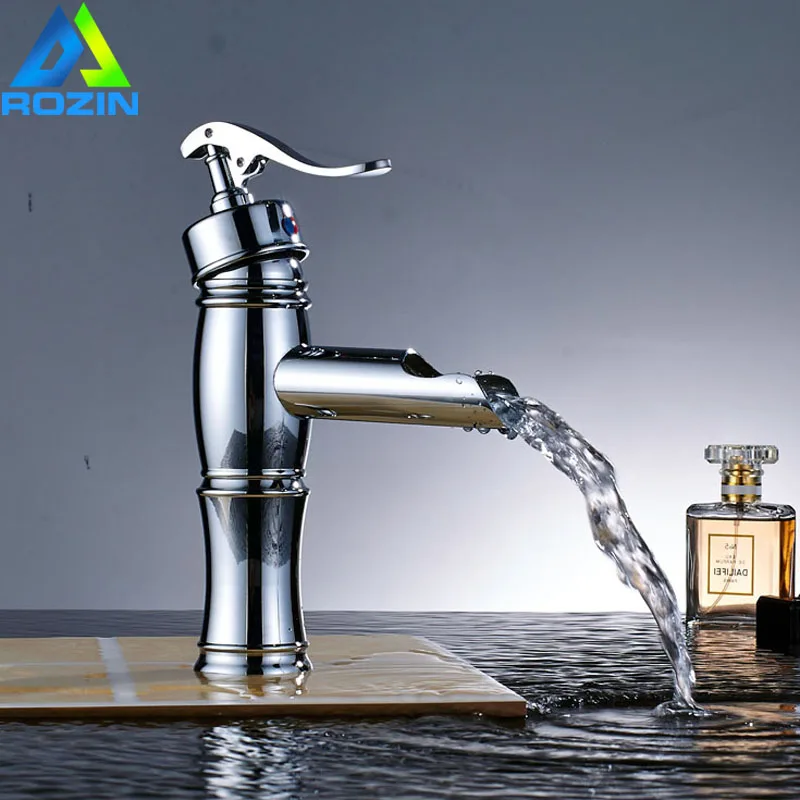

Polished Chrome Waterfall Basin Faucet Single Lever Water Pump Hot and Cold Bathroom Vessel Sink Mixers One Hole