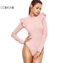 COLROVIE Wanita Blus Gaya Korea Mode Blus Wanita Streetwear Pink Mock Neck Frill Potong Lengan Panjang Bodysuit