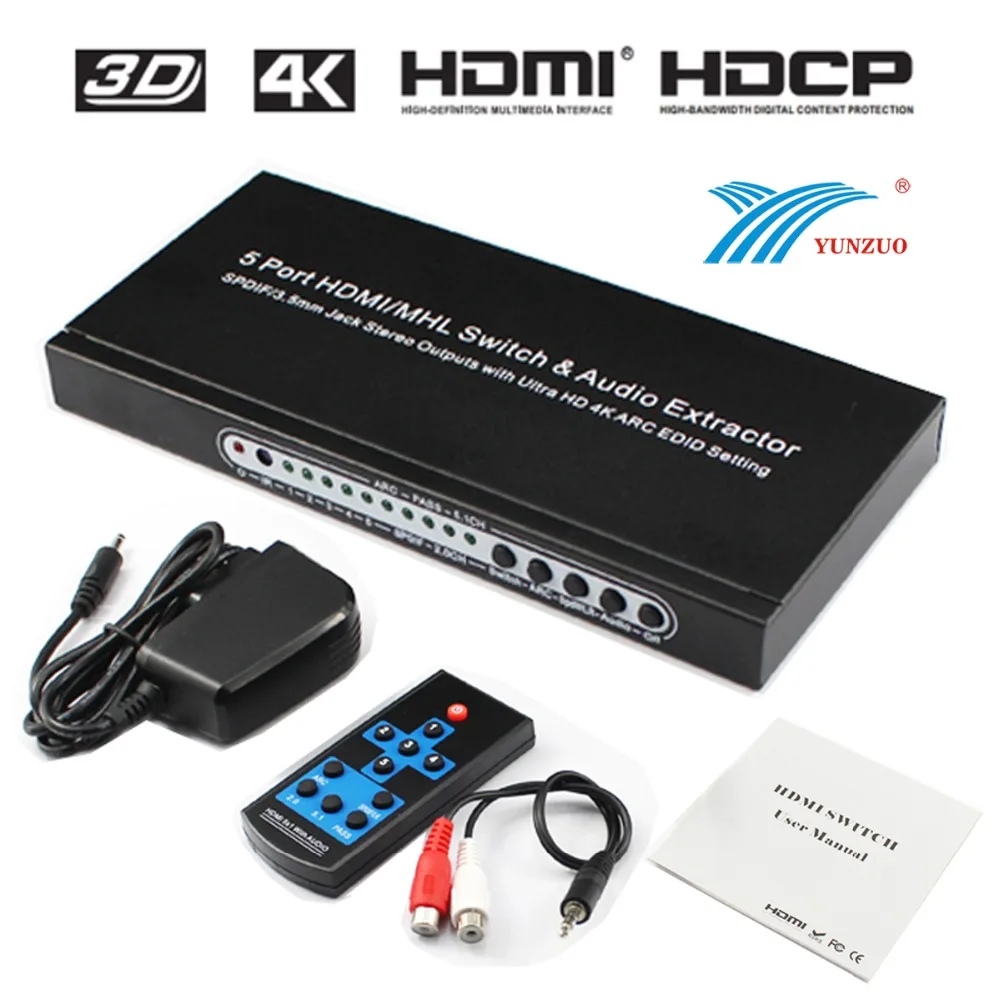 

HDMI Switcher 5x1 Audio Extractor 5 Way/Port HDMI Switch Splitter Box HDMI 1.4 Version Support SPDIF/3.5mm jack Stereo Outputs