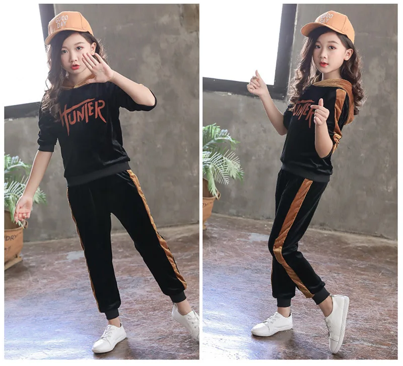 spring girls clothing sets kids girls clothes gold velvet two-piece suit children sport suit for girls (11)
