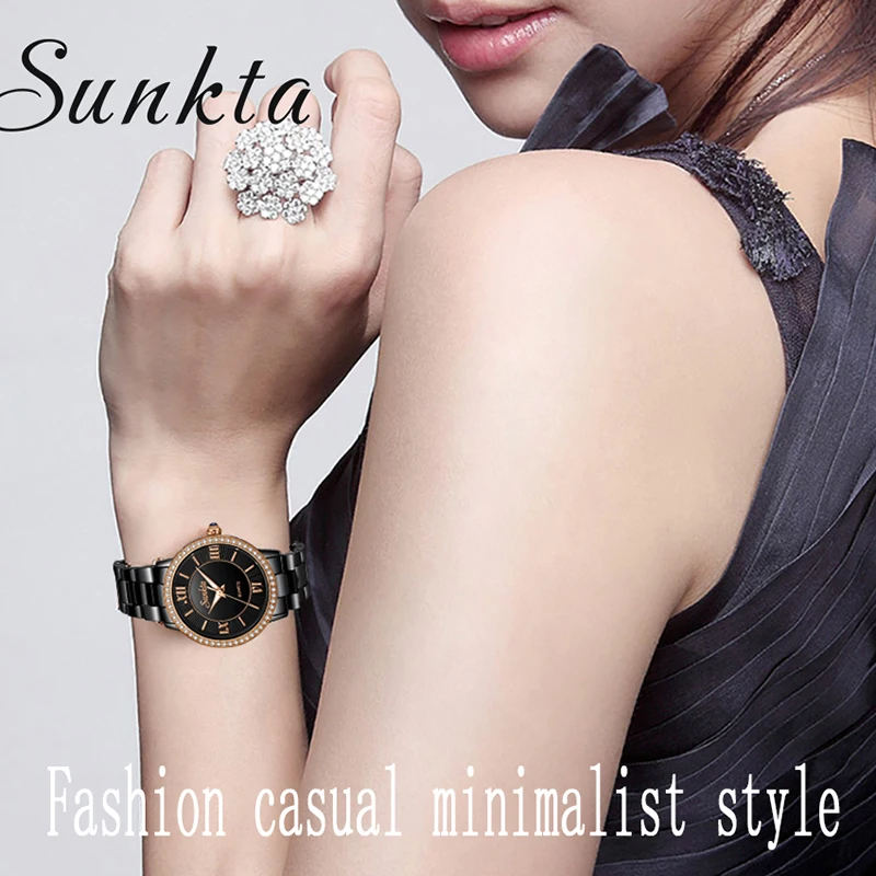 

SUNKTA Crystal Diamond Black Ceramic Women Watches Waterproof Top Brand Luxury Clock Fashion Simple Watch women Relogio Feminino